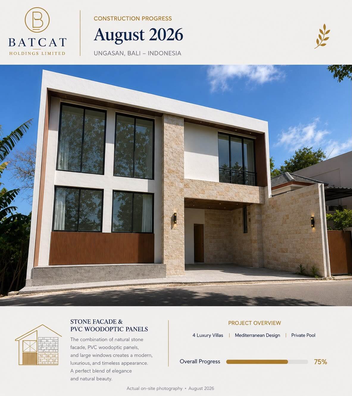 Prestige Ungasan Villa exterior construction progress in August 2026