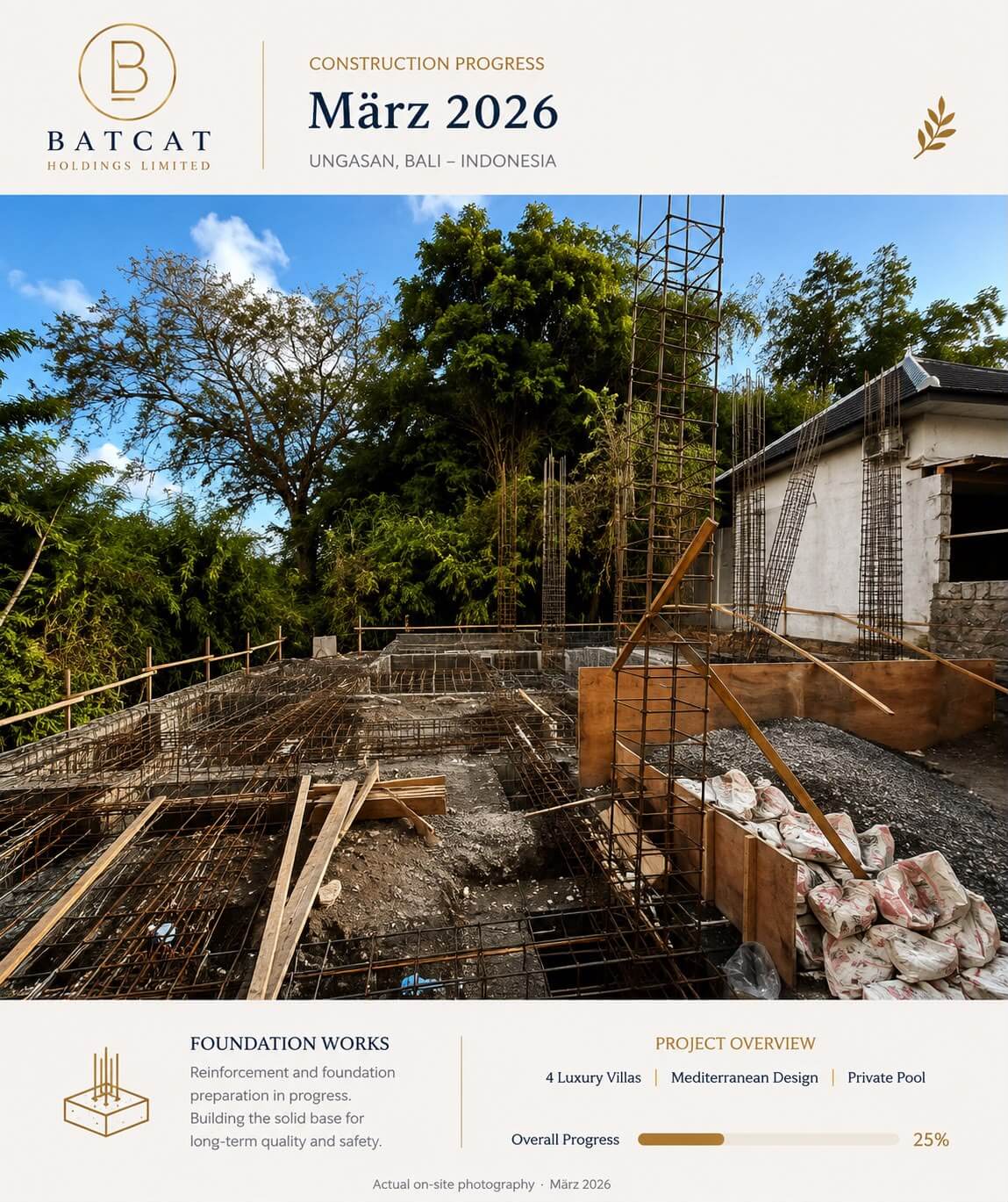 Prestige Ungasan Villa foundation progress in March 2026